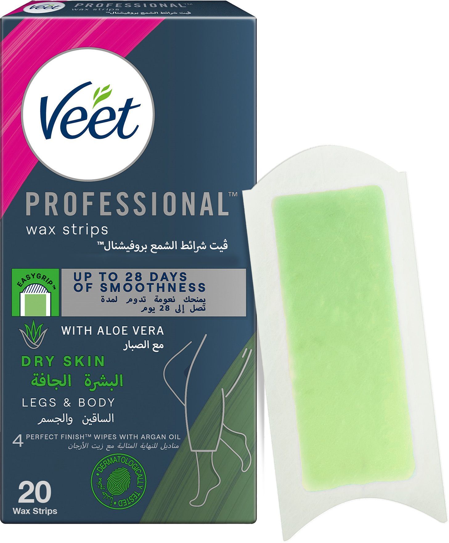 Veet Dry Skin Easy-Gel Body & Legs Wax Strips with Aloe Vera, 20 Strips