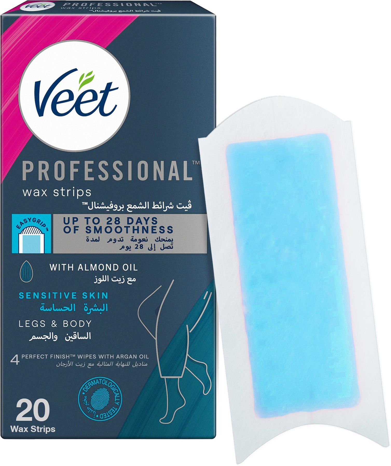 Veet Sensitive Skin Easy-Gel Soothing Blue Cornflower Body & Legs Wax Strips, 20 Strips