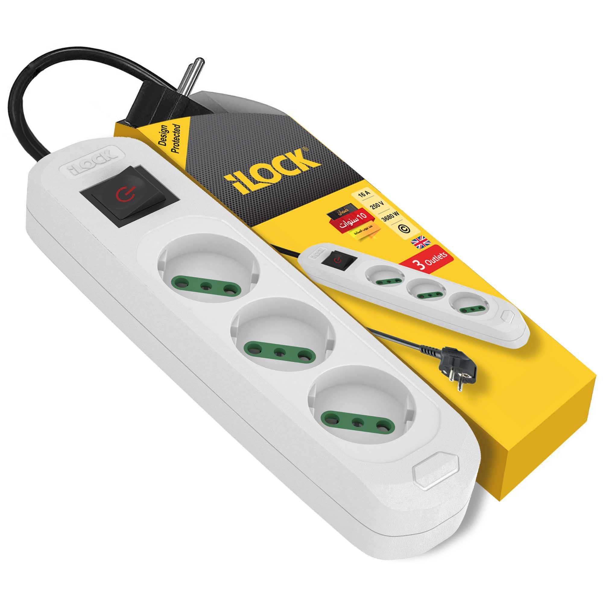 آي لوك شريط طاقة 3 مقابس شوكو ومفتاح 16A 250V 3500W 1.5م
