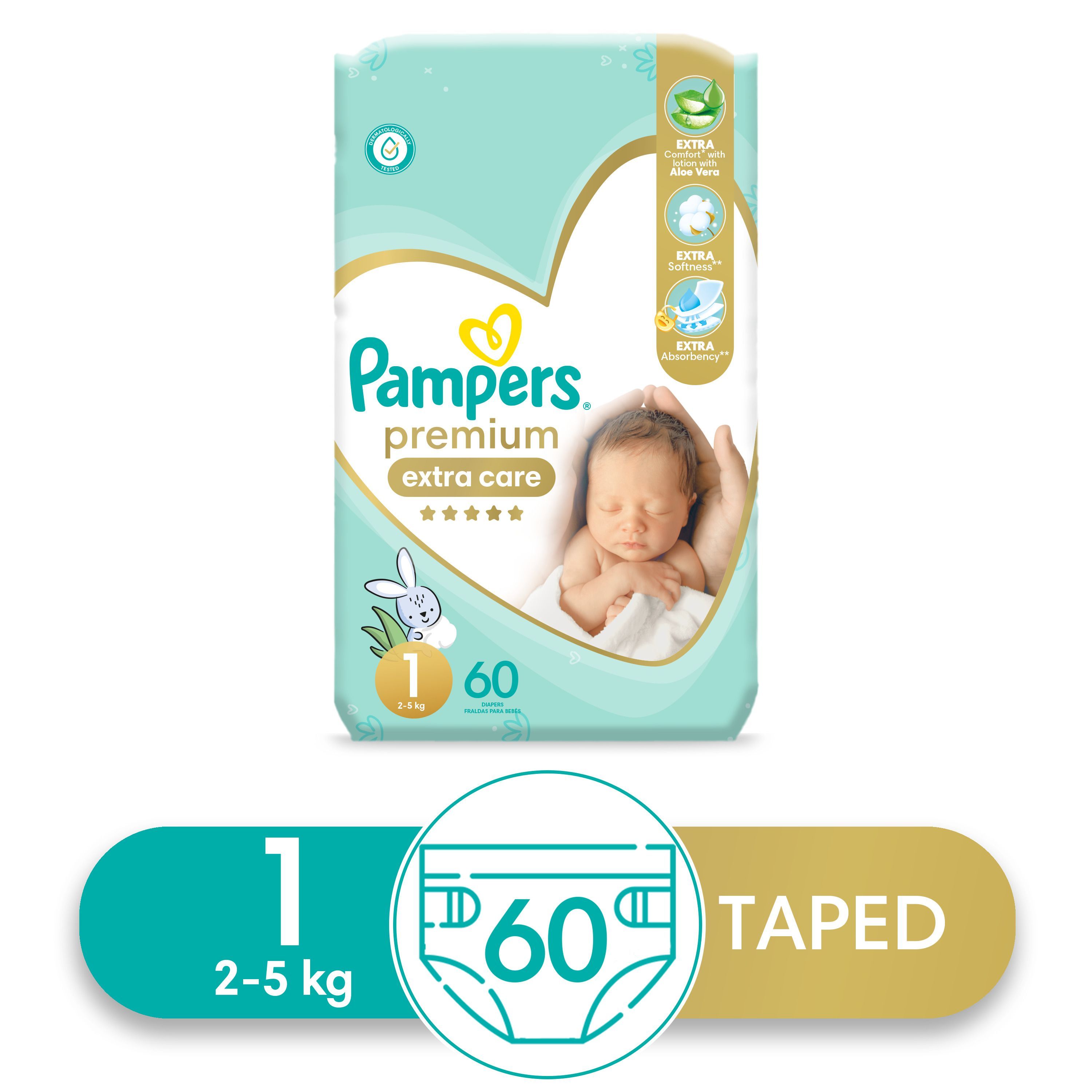 Buy Pampers Premium Care Size (2-5kg), 60 Pieces Online in Egypt