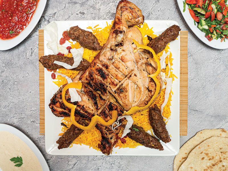 Mix of 5 quarter kilos of kofta, half chicken, rice and salad