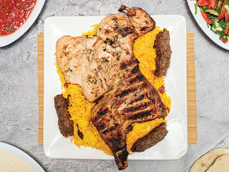 Mix 6 consists of half chicken, 3 kofta, rice, and salad