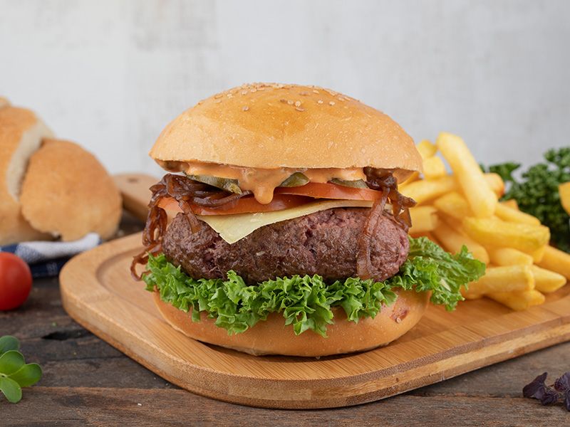 Beef burger sandwich with royal mushrooms