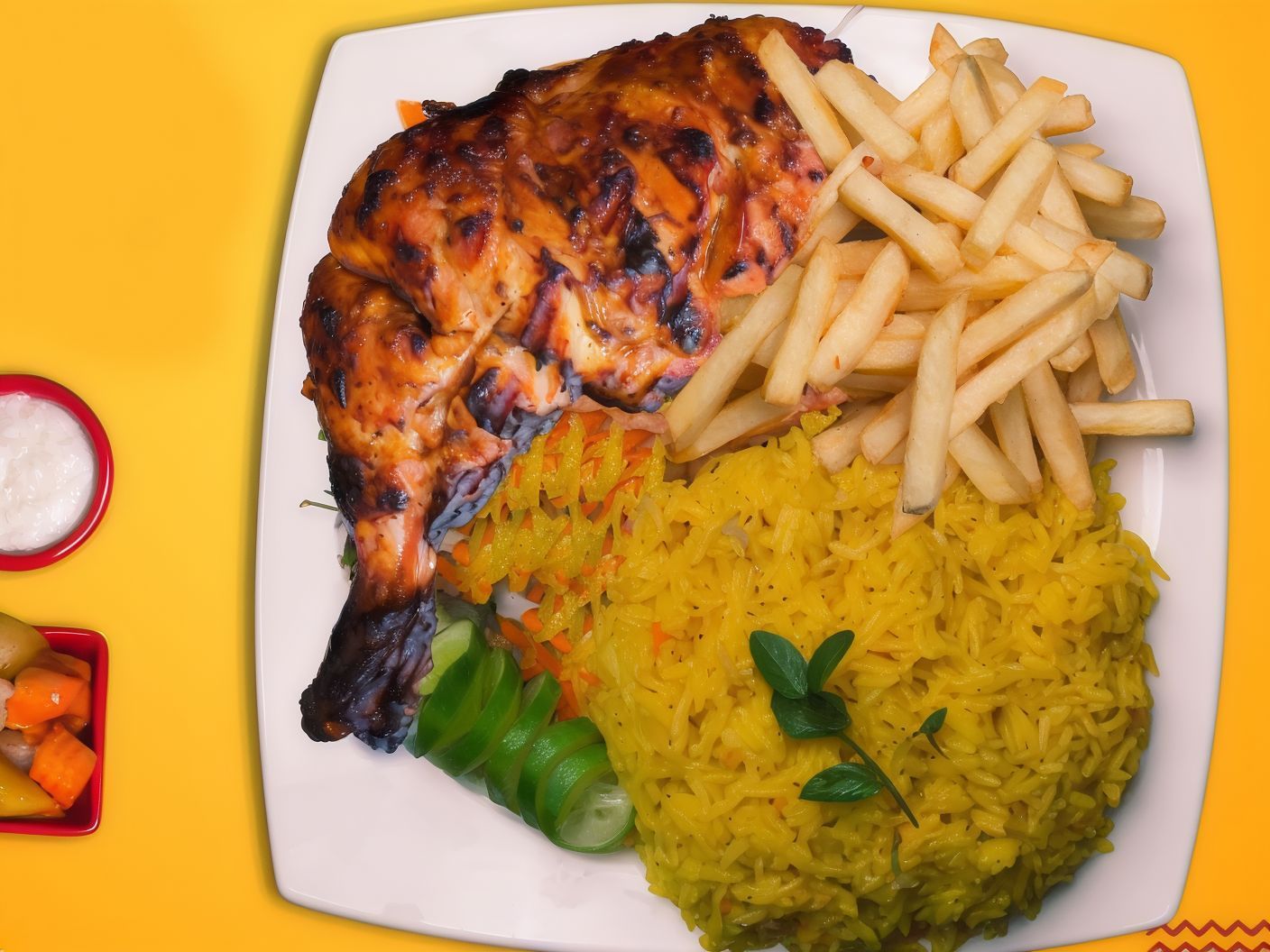 Quarter Chicken Thighs with Rice and French Fries