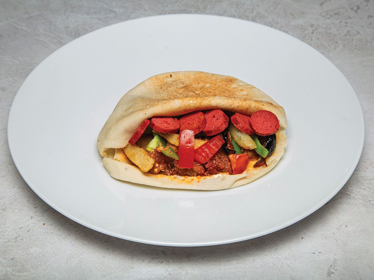 Moussaka sandwich with sausage