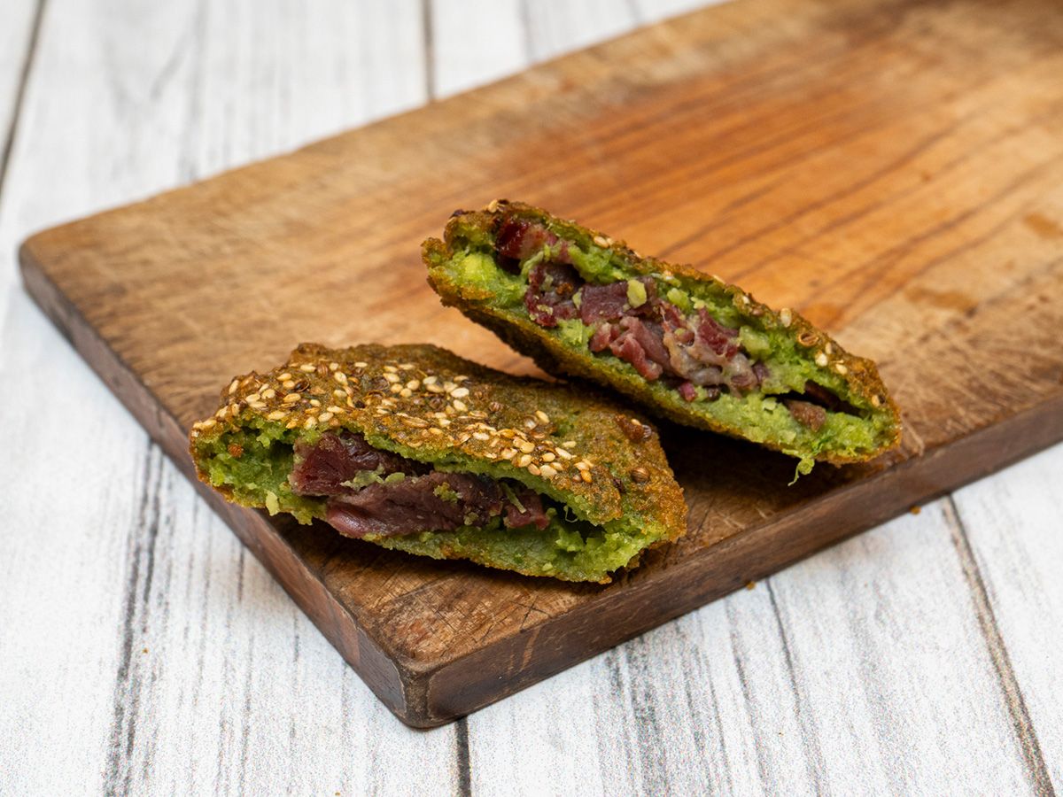 Falafel patty stuffed with pastrami