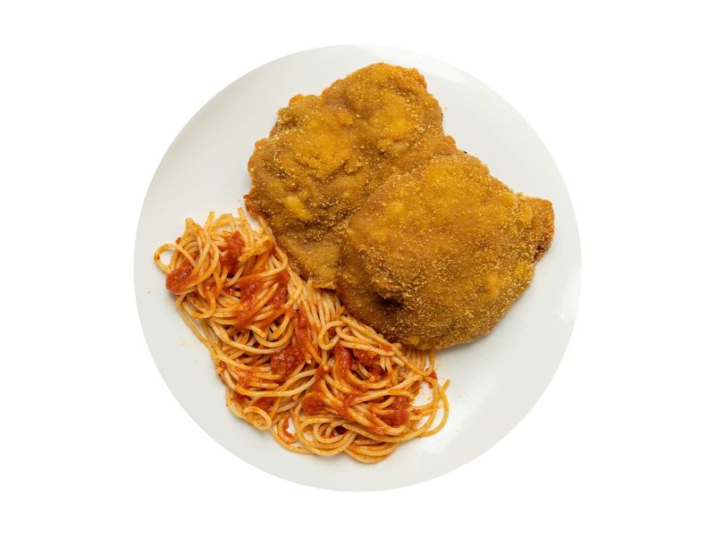 Two pieces of baked veal escalope