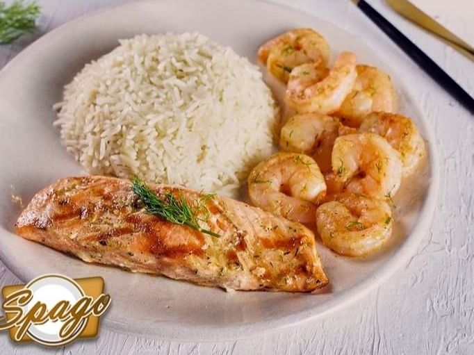 Grilled Salmon Steak and Shrimp