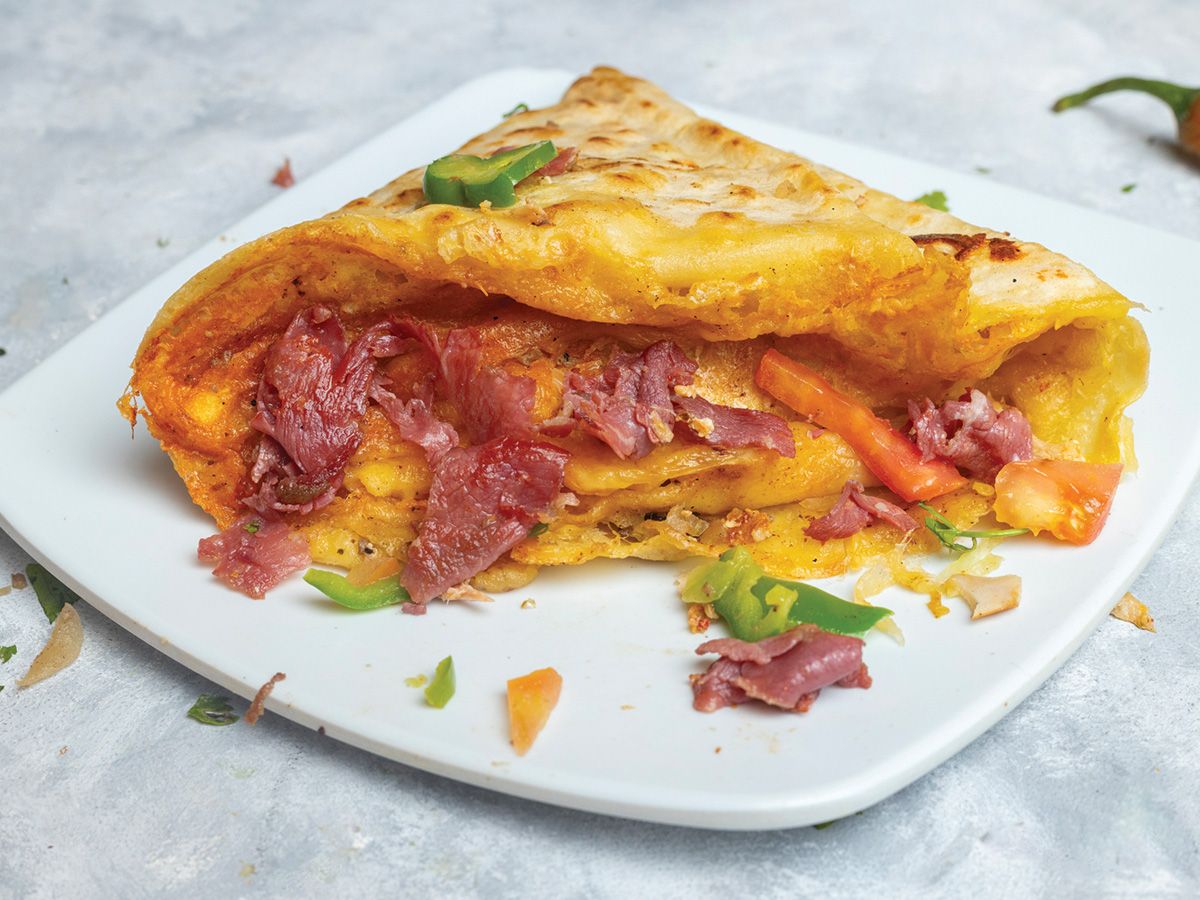 Hot dog and pastrami crepe