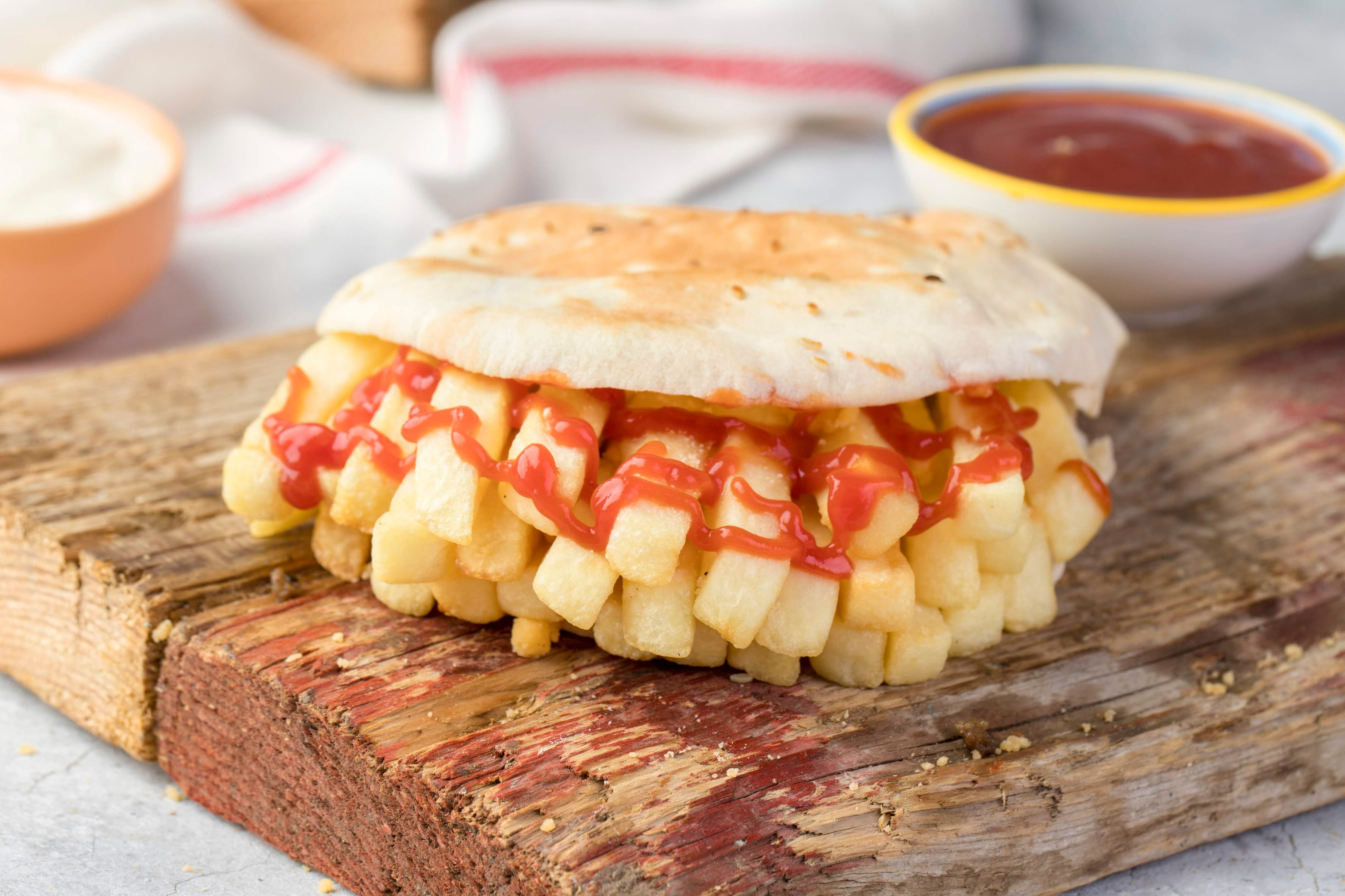 French fries sandwich with ketchup