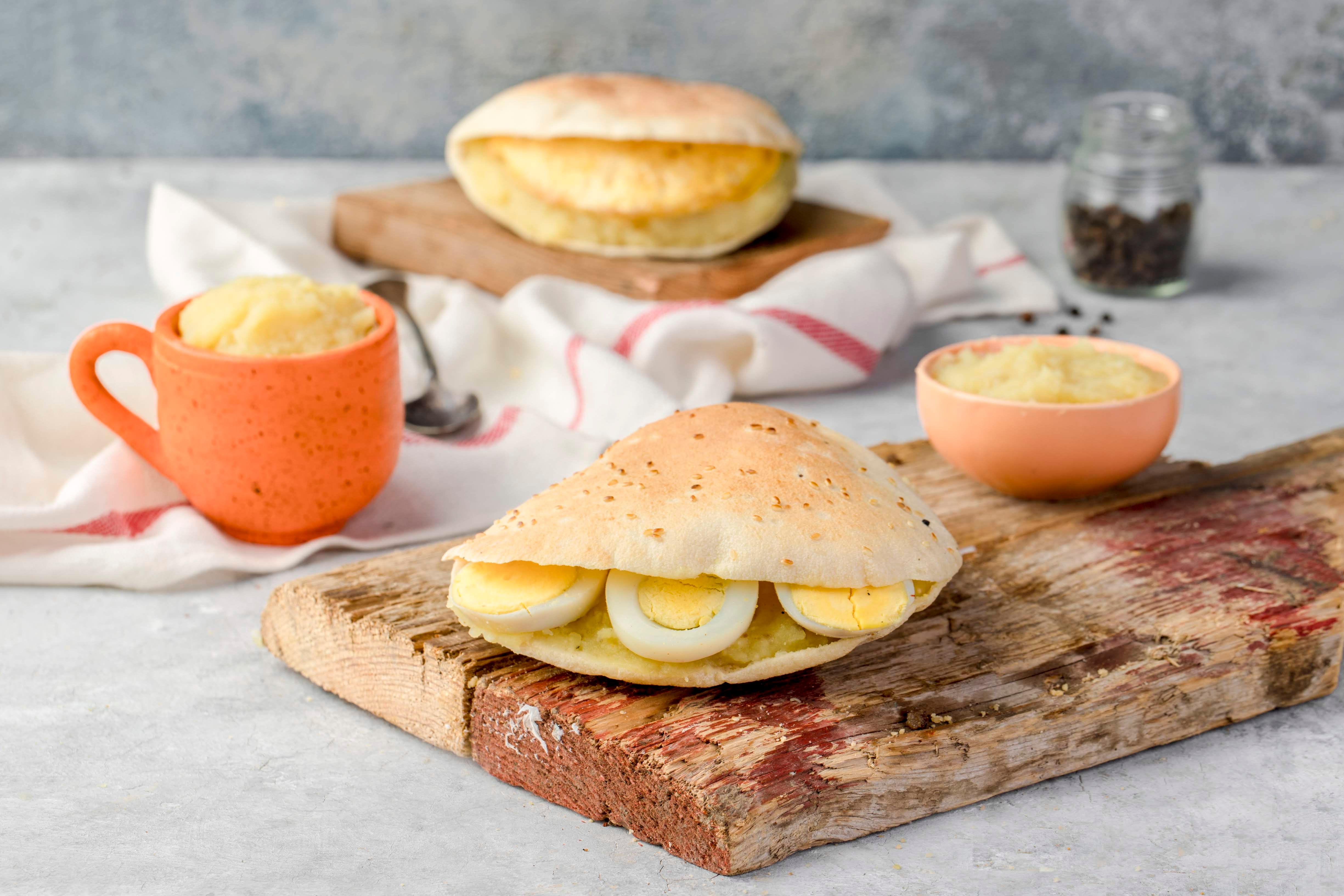 Mashed potato sandwich with egg