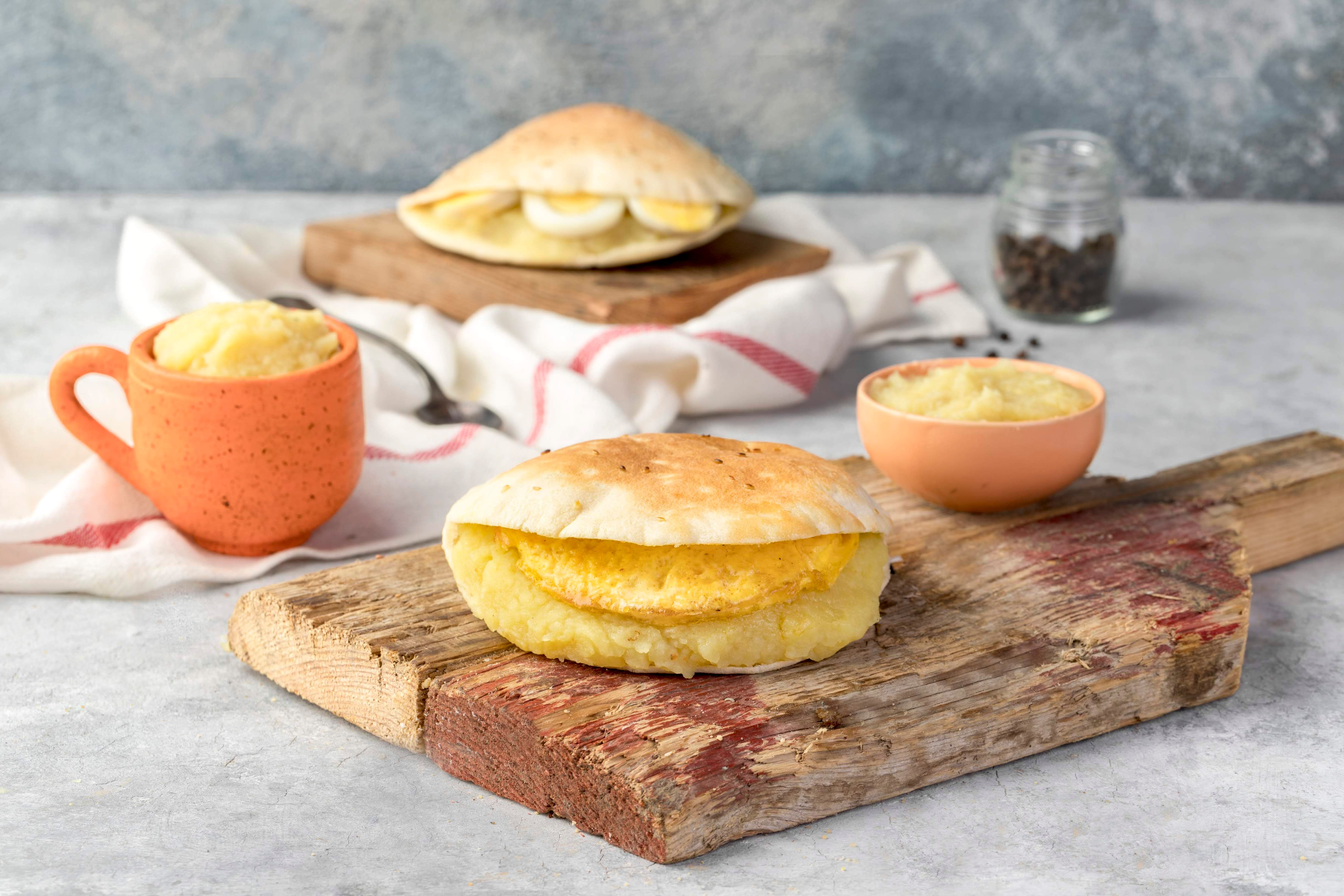 Mashed potato sandwich with omelette