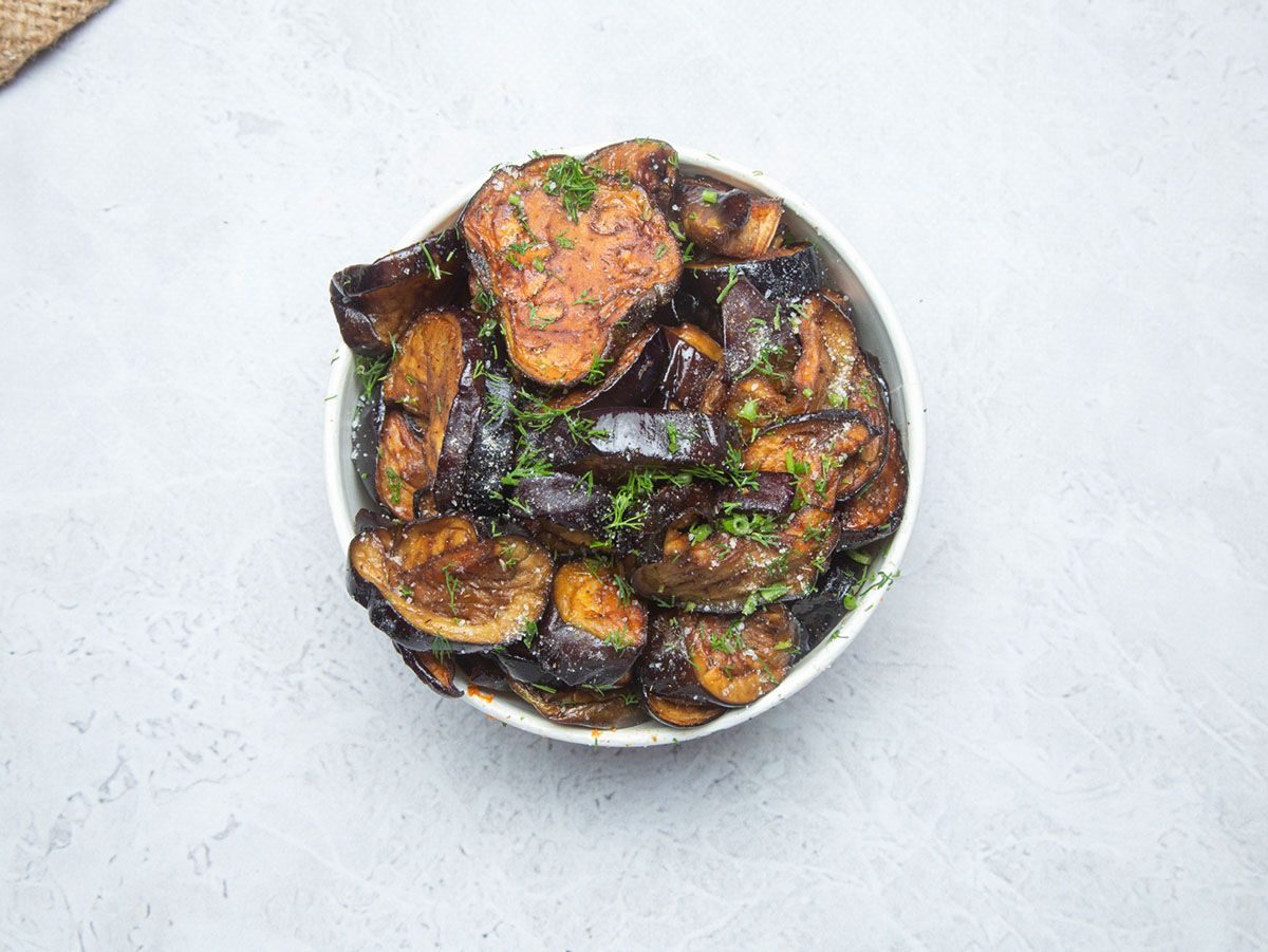 Box of fried eggplant with tahini