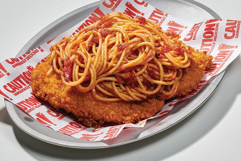 Flat chicken with spaghetti