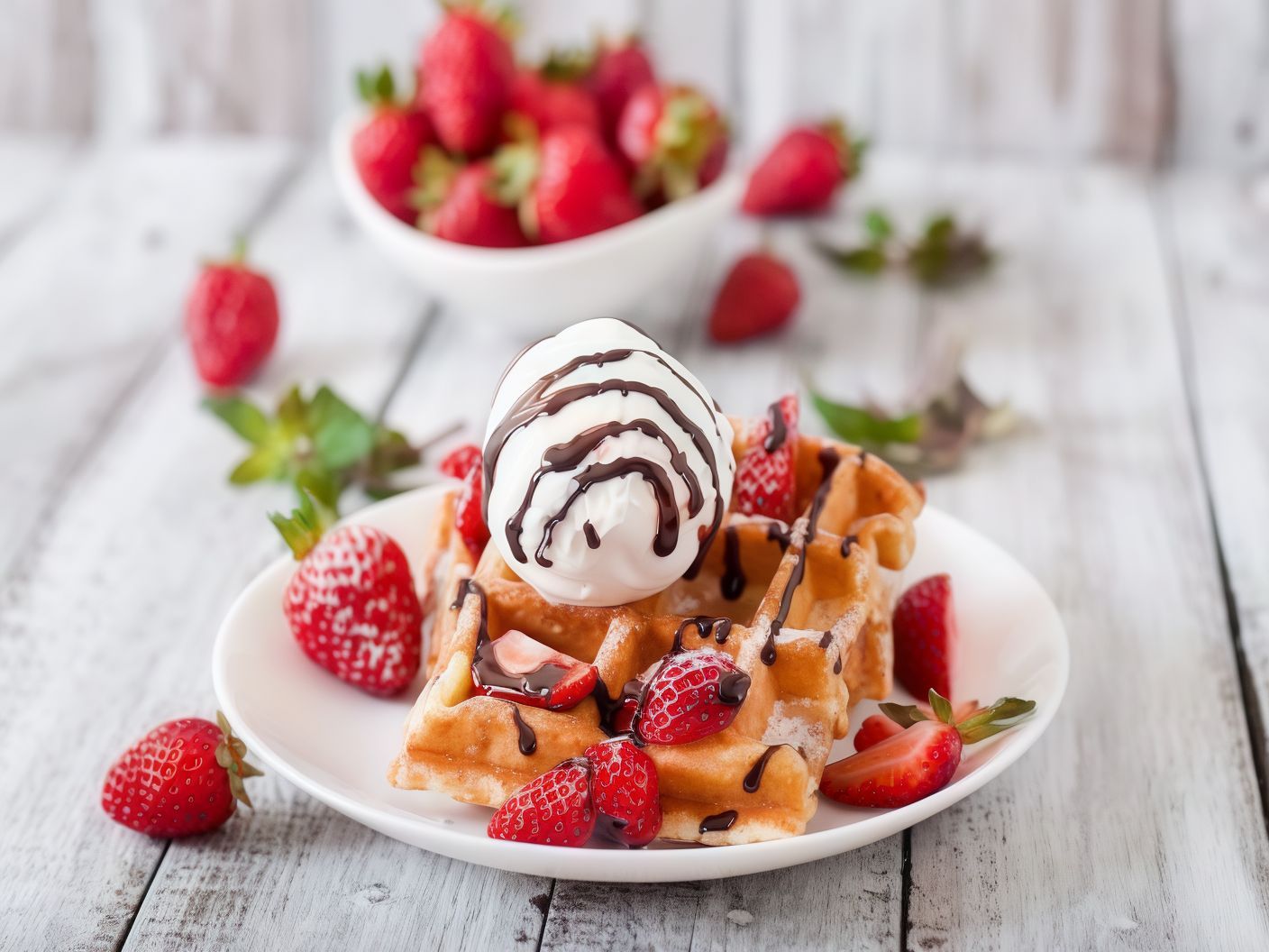 White Chocolate With Strawberry Sauce Waffle