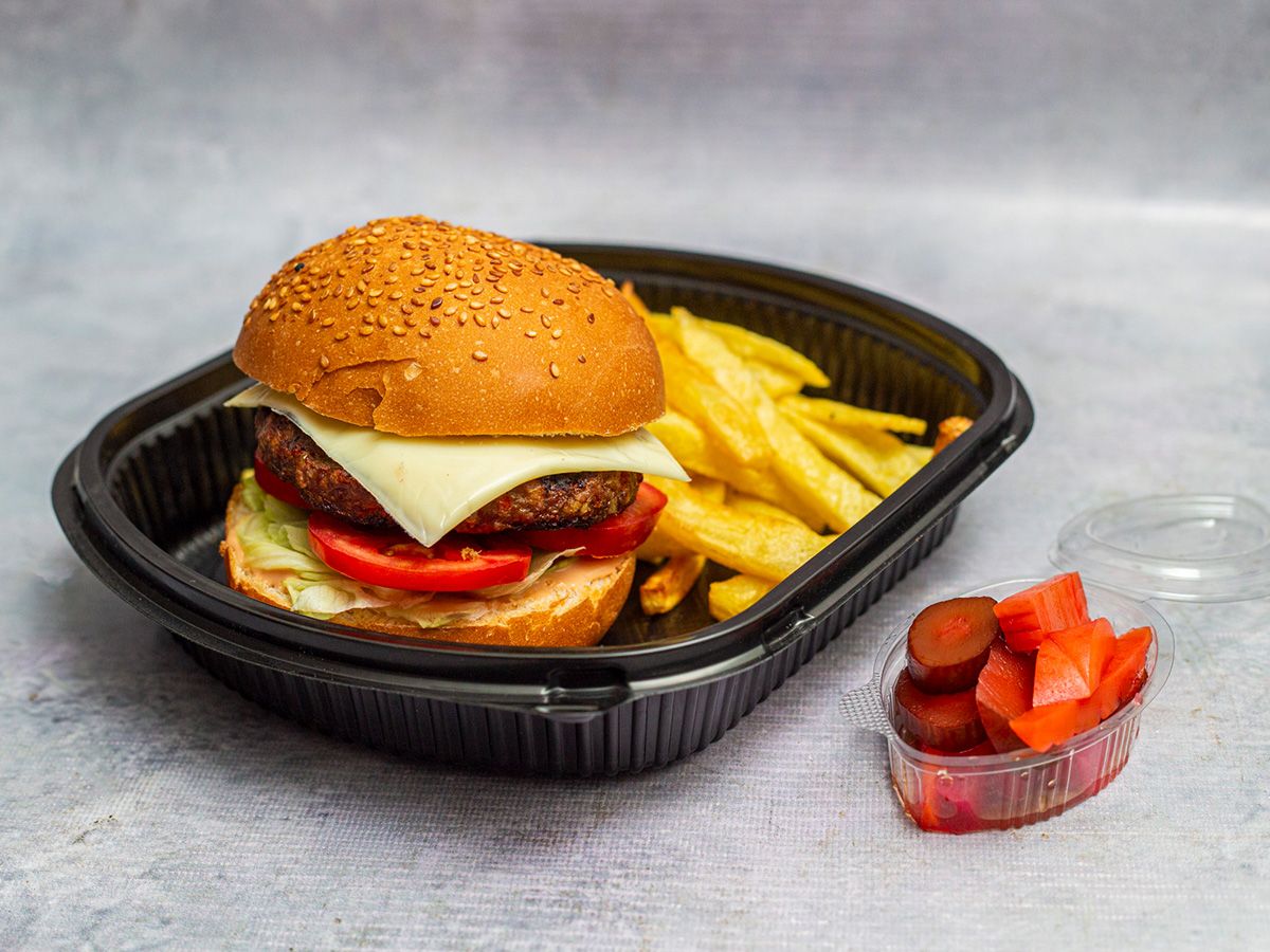Burger Sandwich With Potatoes and Pickles