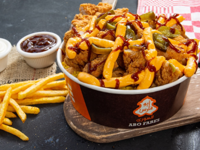 Crispy Chicken Fattah with Cheddar Cheese and BBQ Sauce