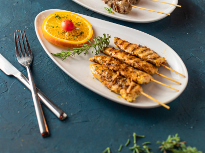 charbroiled cajun chicken skewers.