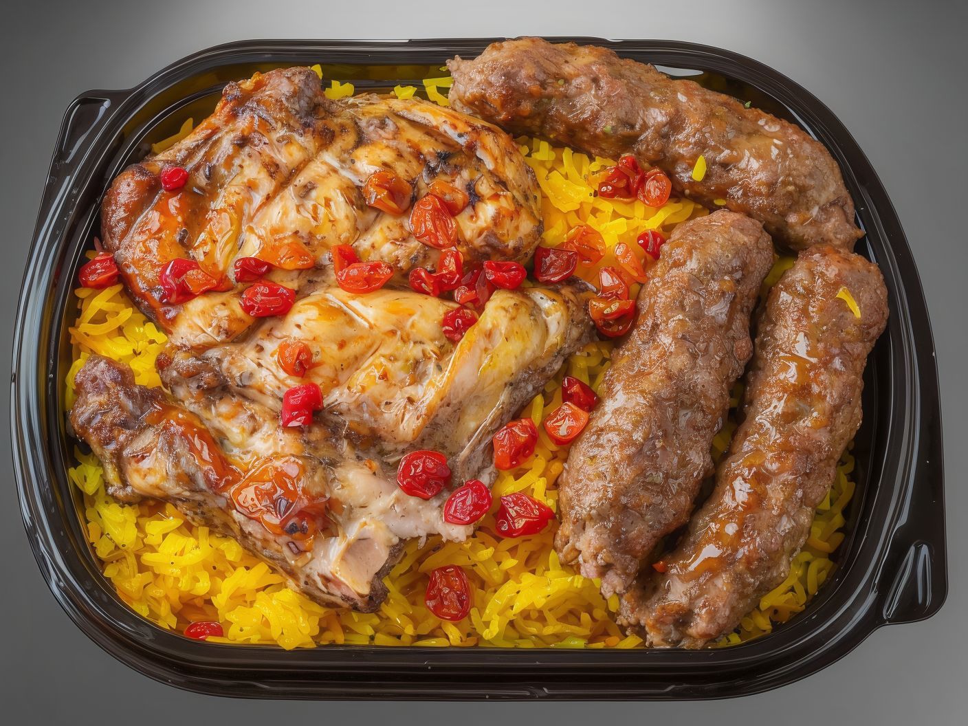 3 pieces of kofta and a quarter grilled chicken breast with rice
