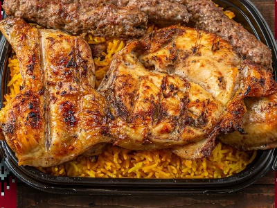 3 pieces of kofta and half grilled chicken with rice