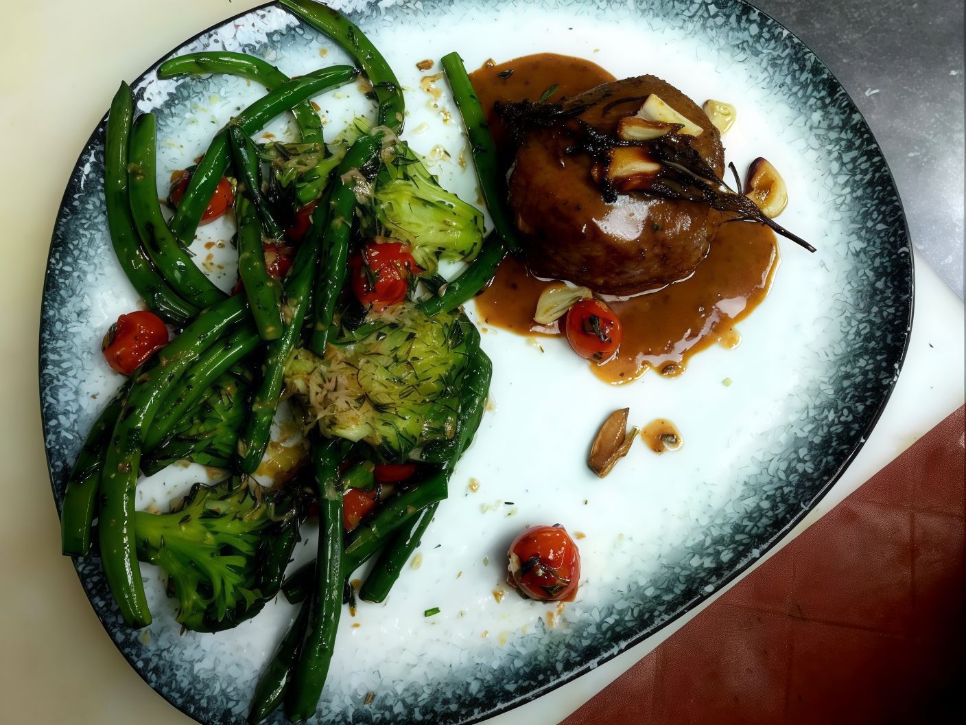 Meat Fillet With Rosemary Sauce And Garlic Platter