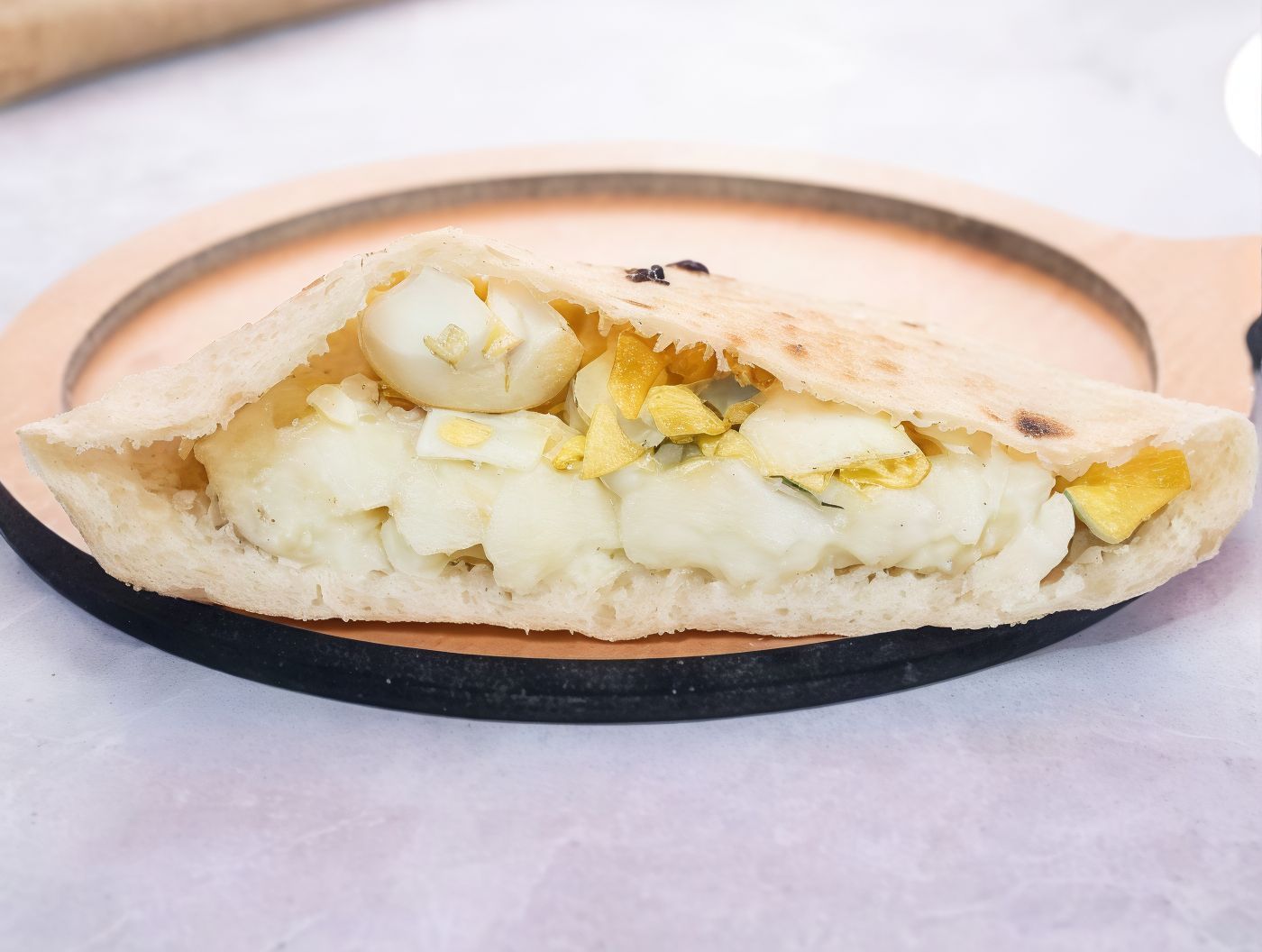 Mashed potato sandwich with boiled eggs