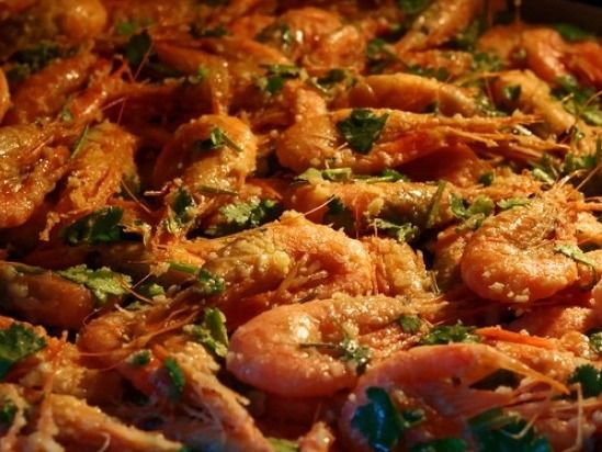 Large shrimp tray with tomato sauce