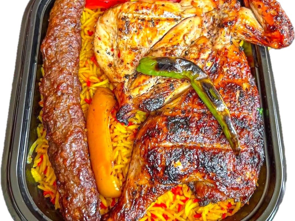 Half A Chicken With Kofta Grilled On Charcoal And Rice