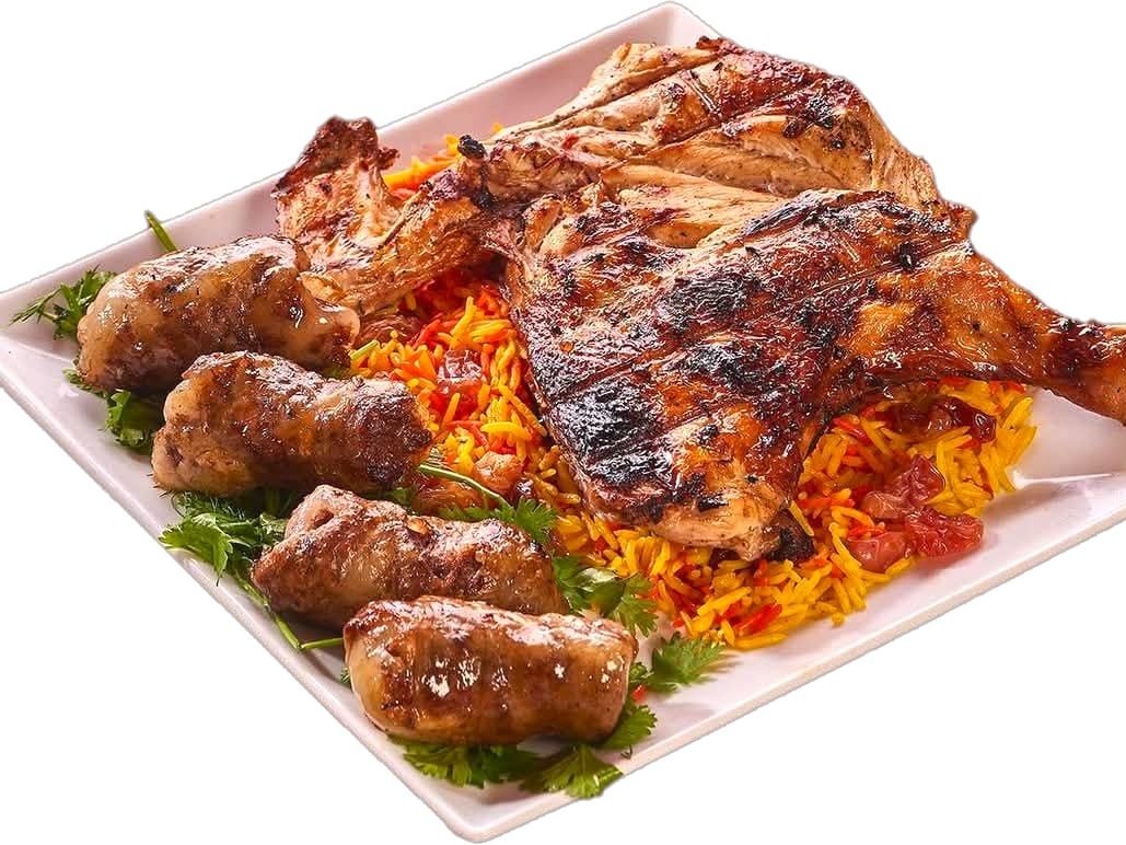Half A Chicken With A Quarter Of A Tarb On Charcoal And Rice