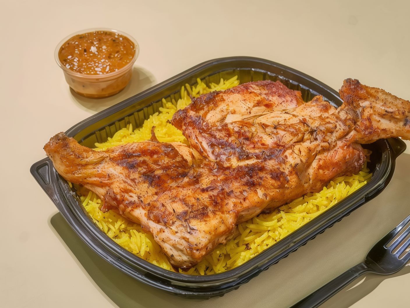 Half A Chicken Meal On Charcoal With Lemon And Thyme Or Spicy