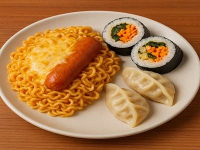 Cheese Indomie With Sausage & 2 Gimbap And 2 Dumpling