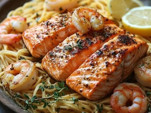 Grilled Salmon With Shrimp Pasta