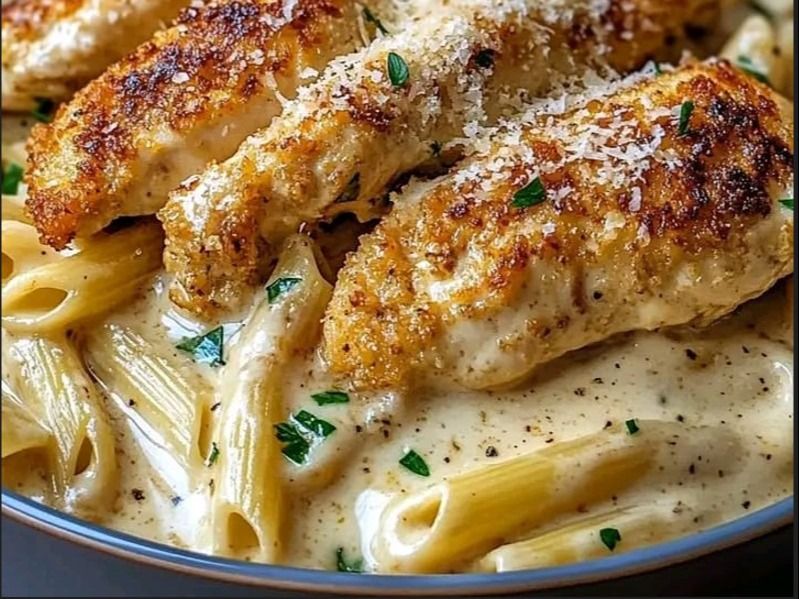 white sauce pasta with Crispy chicken