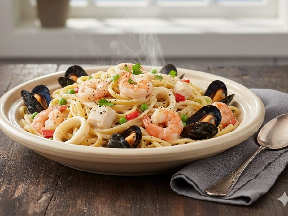 Seafood pasta with white sauce