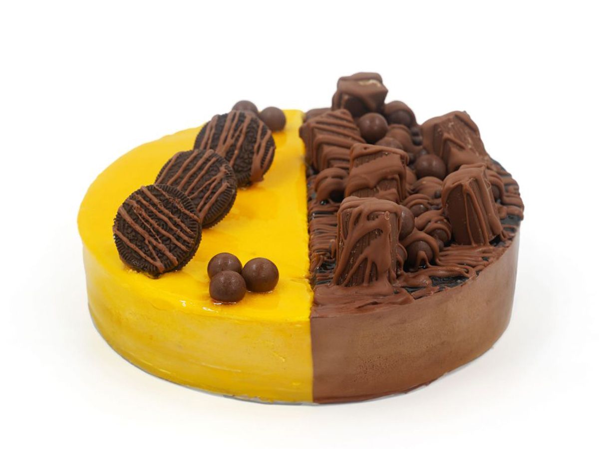 Half chocolate and half mango ice cream torte