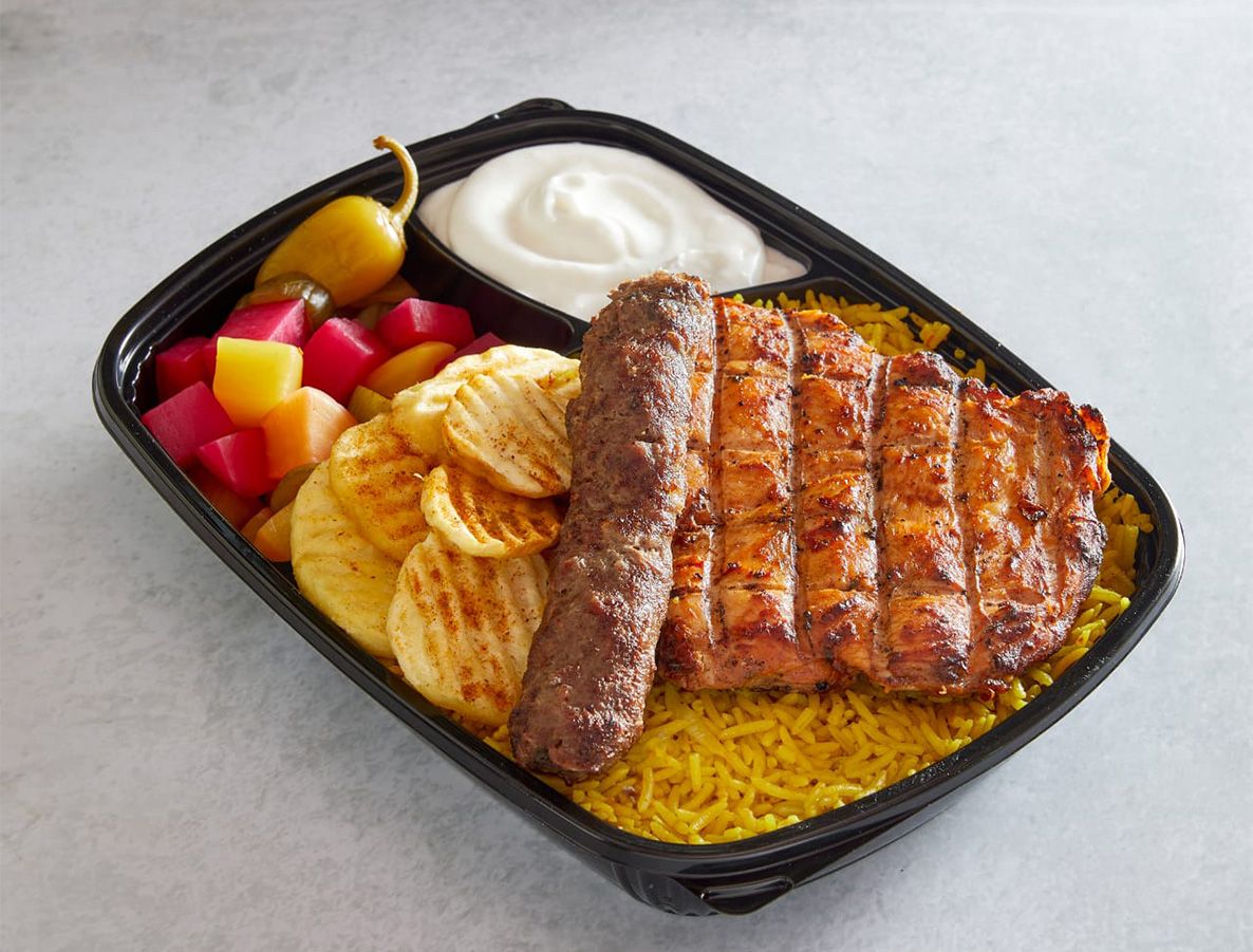 Mixed pulled chicken breast with a kofta skewer