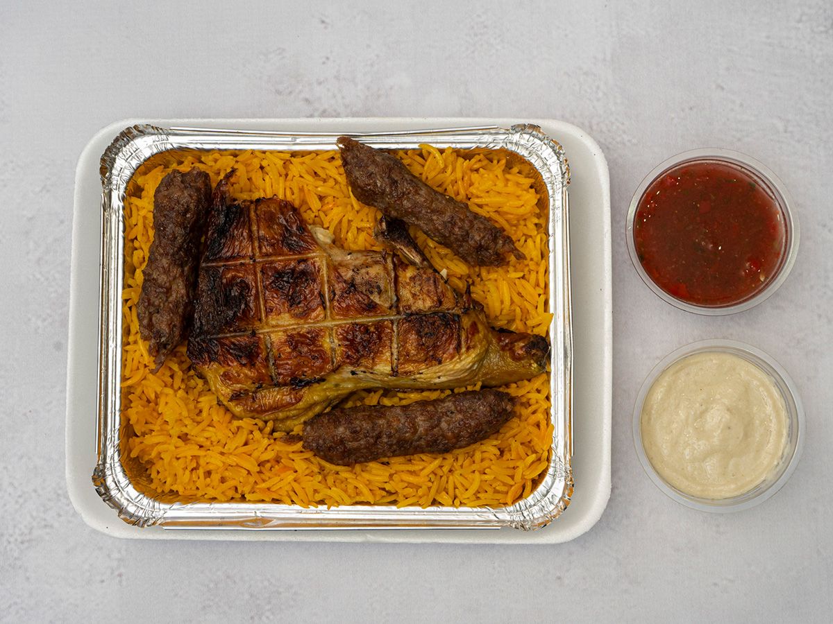 Half Chicken, 3 Kofta Pieces, Rice, Bread, Sauce, And Tahini