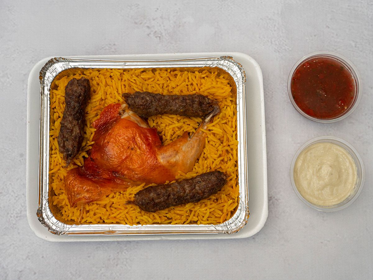 Quarter Chicken, 3 Kofta Pieces, Rice, Bread, Sauce, And Tahini