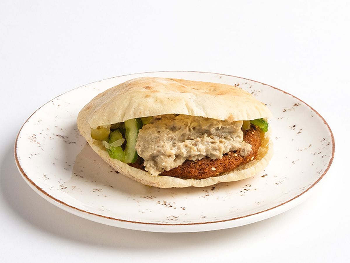Falafel sandwich with baba ghanoush