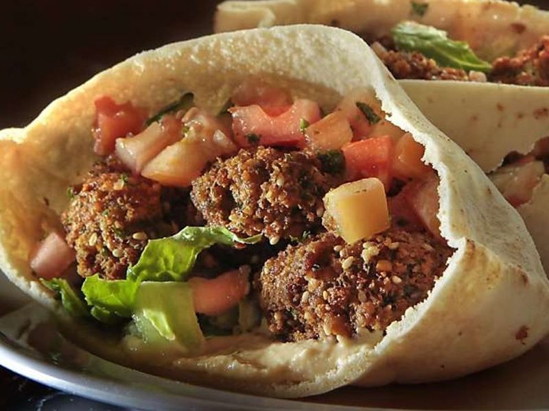 Falafel sandwich, Ali Baba eggplant dip