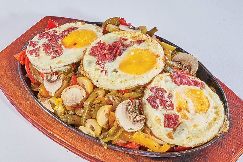 Sunny Side Up Pastrami Fajita Plate